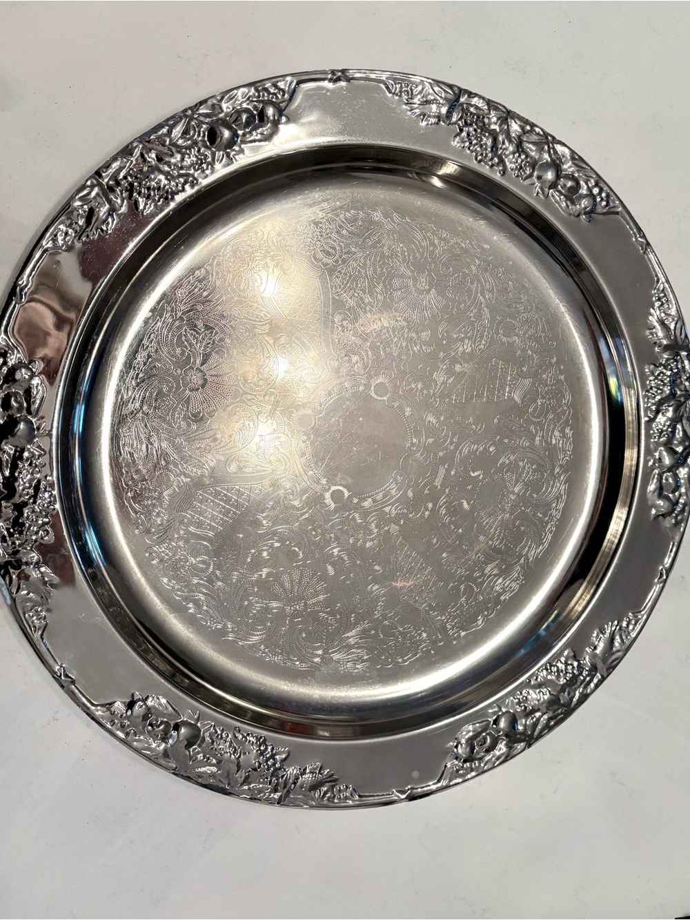 Vintage Silver Plated Round Serving Tray | Fruit Rim & Engraved Surface